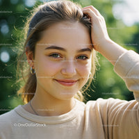 Young Woman Smiling Outdoors in Natural Light with Green Foliage