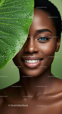 Portrait of Smiling African Woman with Curly Hair and Lush Green Background