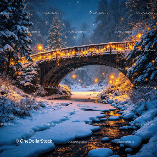Snowy wooden bridge decorated with warm fairy lights