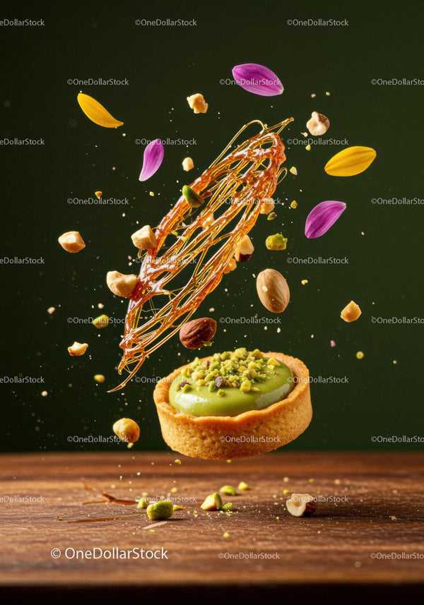 Pistachio tart with caramel and flower petals in motion