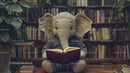 Cute Elephant Plush Toy Reading Book in Cozy Library Setting