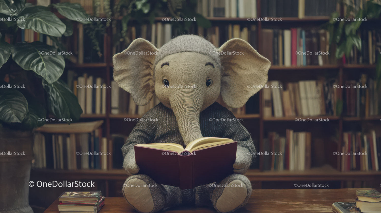 Cute Elephant Plush Toy Reading Book in Cozy Library Setting