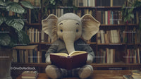 Cute Elephant Plush Toy Reading Book in Cozy Library Setting