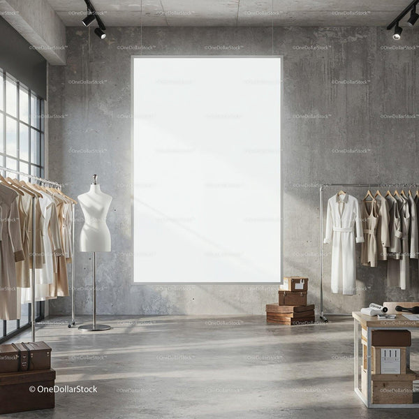 Minimalist fashion studio with blank poster and clothing racks JPG Mockup Image