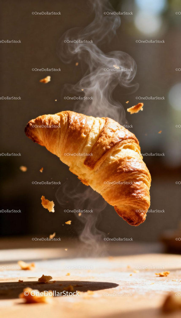 Freshly Baked Croissant Rising with Steam and Crumbs