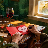 Writing heartfelt Valentine card with wine by window light