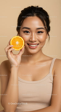Young Woman Smiling with Orange Slice in Beautiful Wellness Portrait