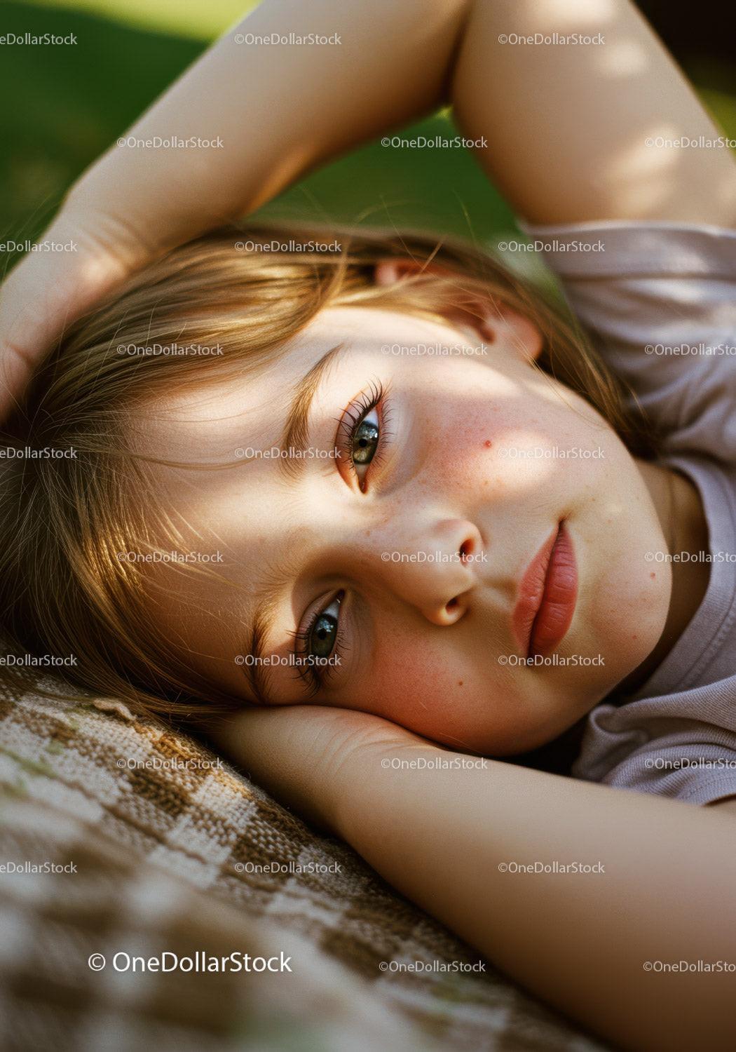 Peaceful young girl resting on cozy blanket outdoors