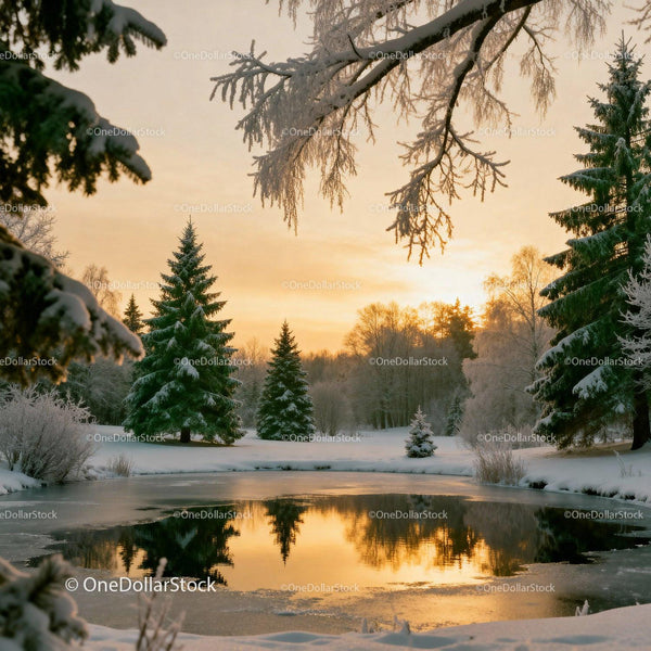 Snow covered pine trees reflecting in a frozen pond