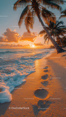 Tropical Beach with Palm Trees and Sunset Scene
