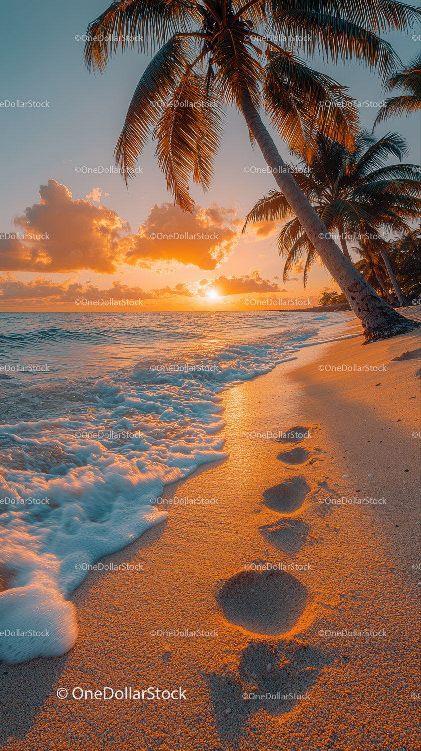Tropical Beach with Palm Trees and Sunset Scene