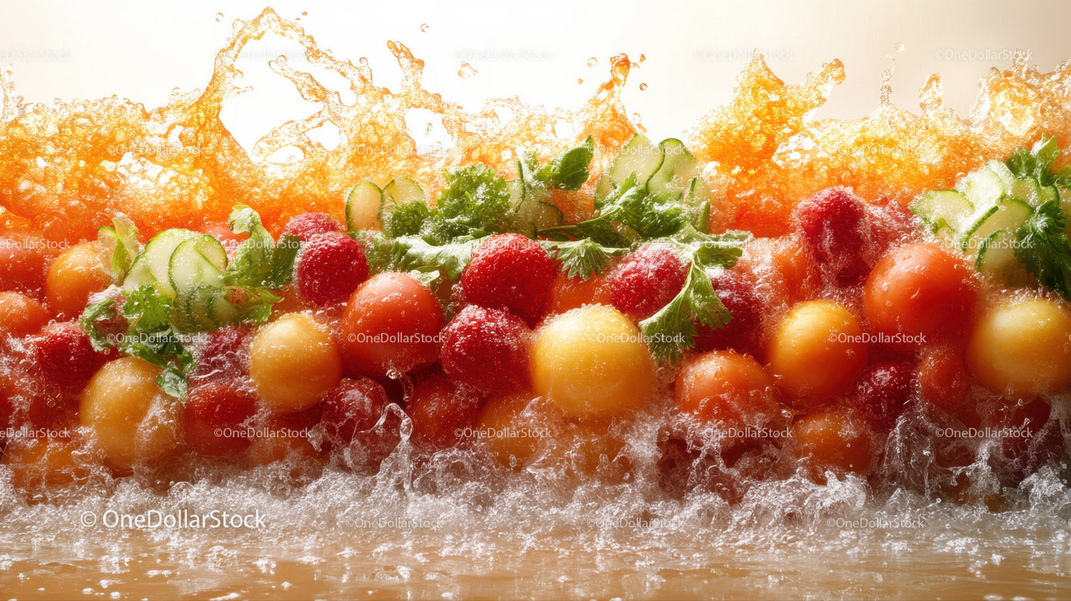 Fruity Salad with Berries, Cucumber and Mint in Summer Scene