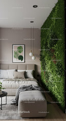 Luxurious Bedroom with Lush Green Plant Wall and Minimalist Decor