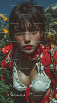 Portrait of a Young Woman with Short Black Hair and Freckles Outdoors