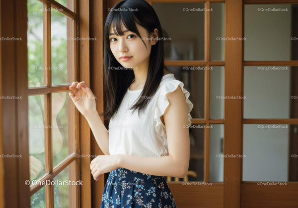 Young woman in white blouse and floral skirt by wooden window