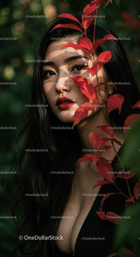 Elegant Woman with Red Lips in Botanical Foliage Outdoors