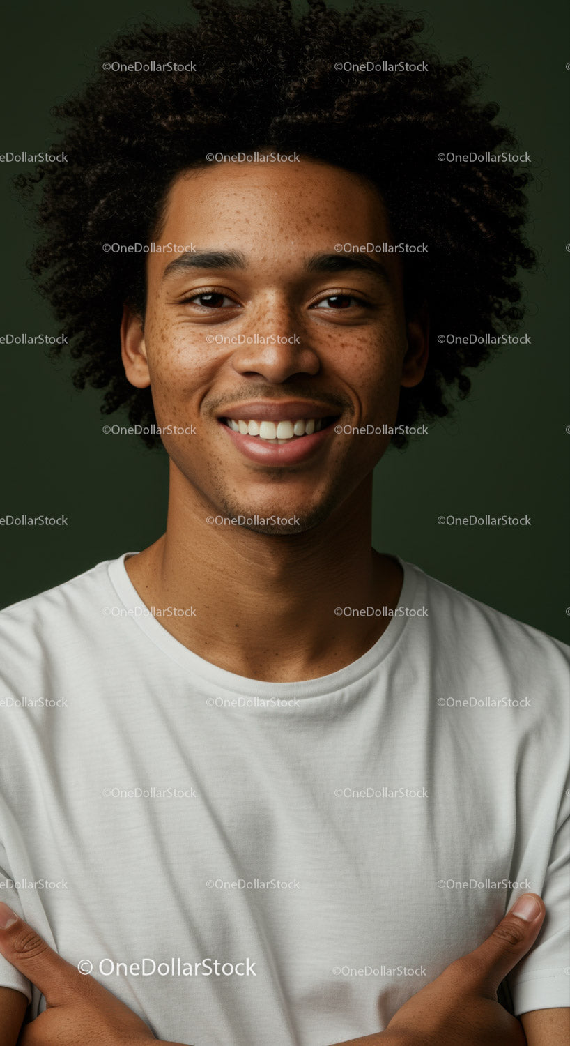 Confident Young Man with Curly Hair and Bright Smile Portrait