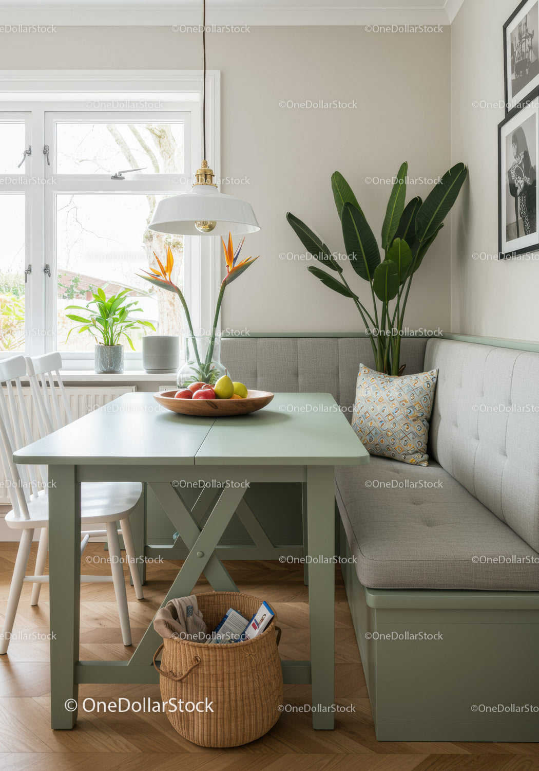 Modern Home Dining Area with Green Table and Botanical Decor