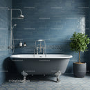 Classic clawfoot bathtub in stylish blue tiled bathroom