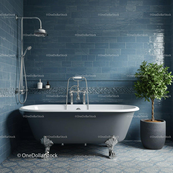 Classic clawfoot bathtub in stylish blue tiled bathroom