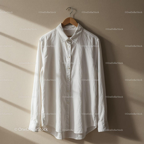 Classic White Shirt Hanging on Wooden Hanger JPG Mockup Image
