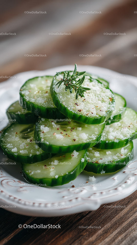 Fresh Cucumber Slices with Herbs Garnish on Elegant Plate