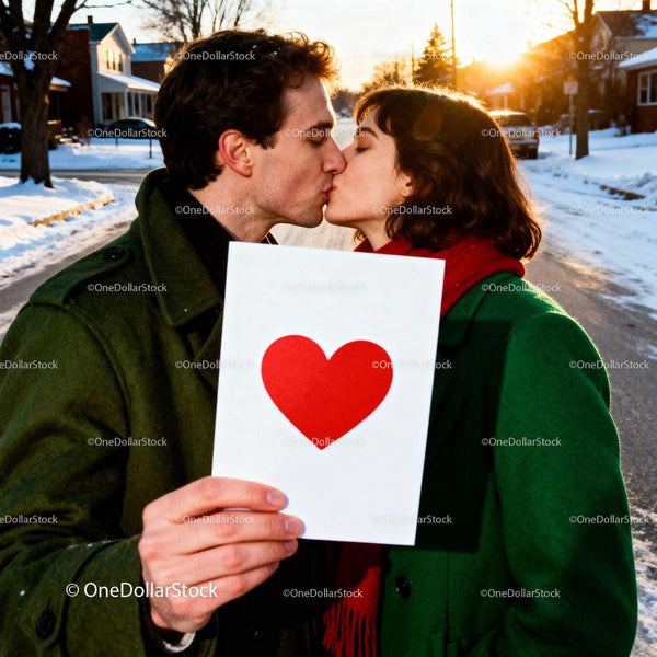 Couple sharing tender kiss holding Valentine card outdoors