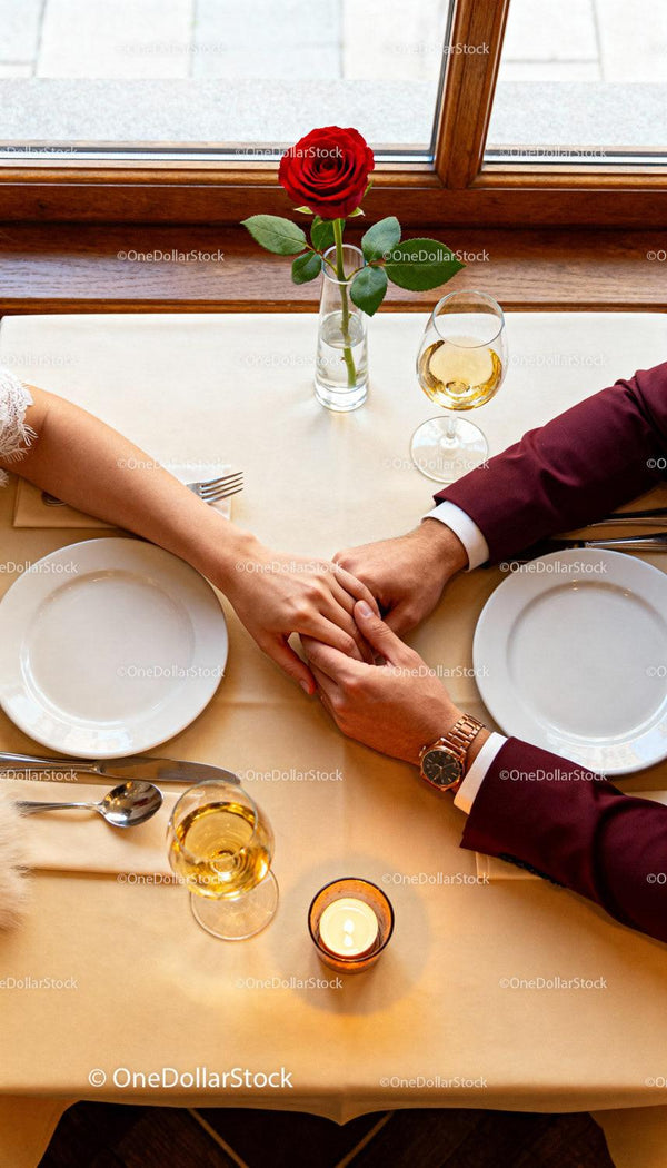 Couple Holding Hands Over Romantic Dinner Table Setting
