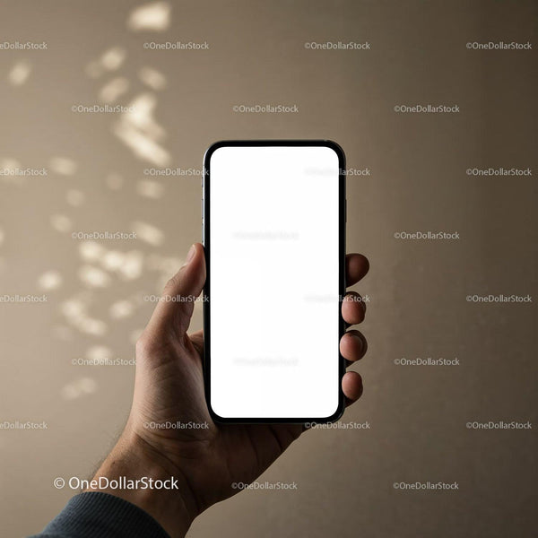 Hand Holding Smartphone with Blank White Screen JPG Mockup Image