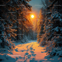 Sunlit snowy forest path at golden hour