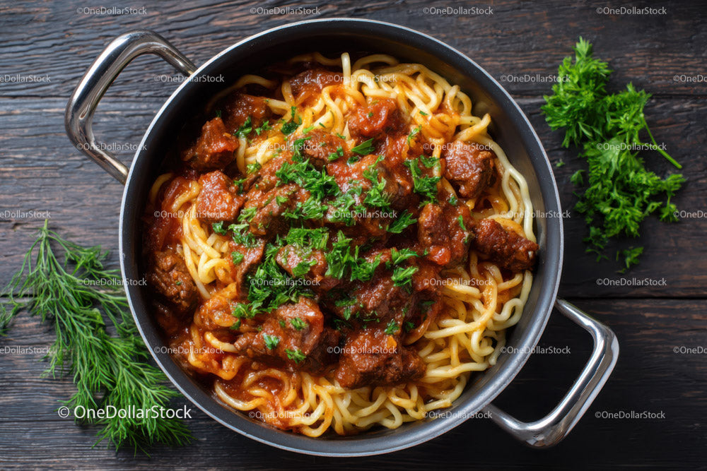Beef and Mushroom Pasta in a Cast Iron Skillet with Cherry Tomatoes