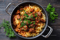 Beef and Mushroom Pasta in a Cast Iron Skillet with Cherry Tomatoes