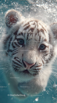 White Tiger Cub Swimming in Water with Blue Eyes