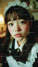 Young Girl with Large Eyes and Lace Headband in Cozy Indoor Scene