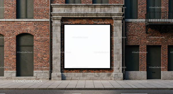 Blank square billboard on brick urban building facade JPG Mockup Image