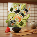 Floating salmon sushi rolls with fresh avocado slices