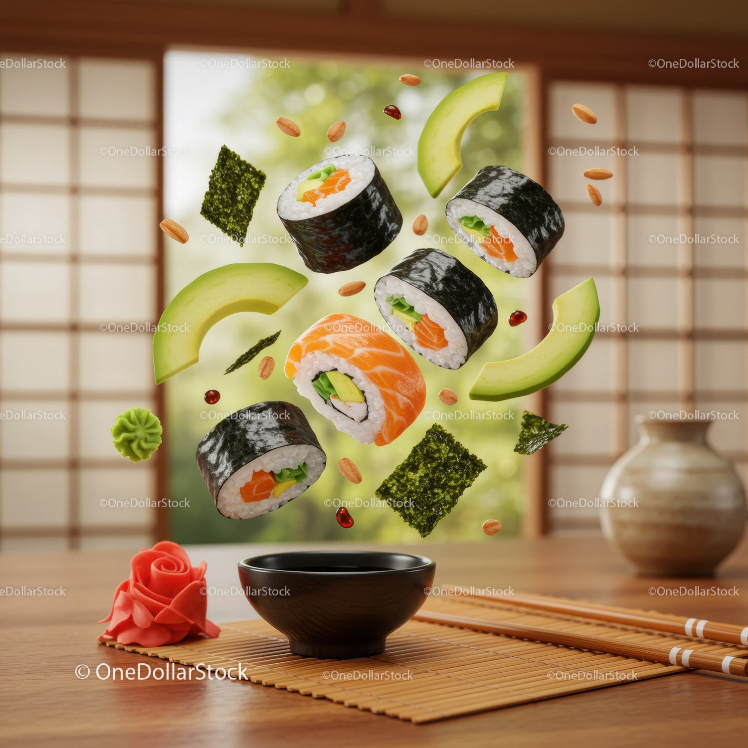 Floating salmon sushi rolls with fresh avocado slices