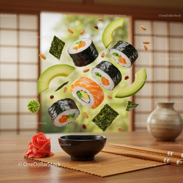 Unoszące się rolki sushi z łososiem i świeżymi plasterkami awokado