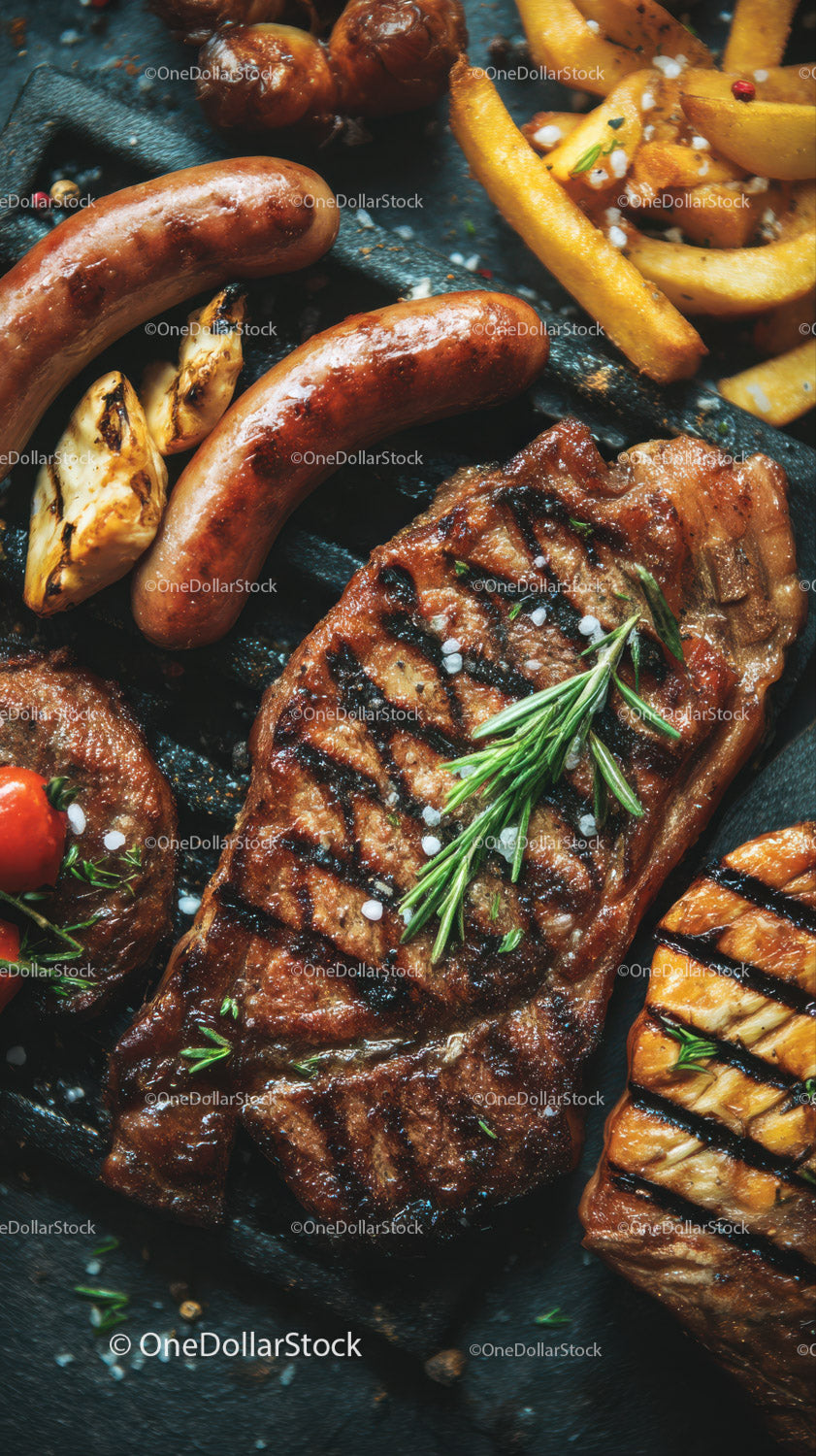 Grilled Steak with Sausages Garlic French Fries and Rosemary