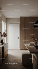 Minimalist dining area with wooden furniture and neutral tones