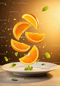 Fresh Orange Slices with Mint Leaves on White Plate