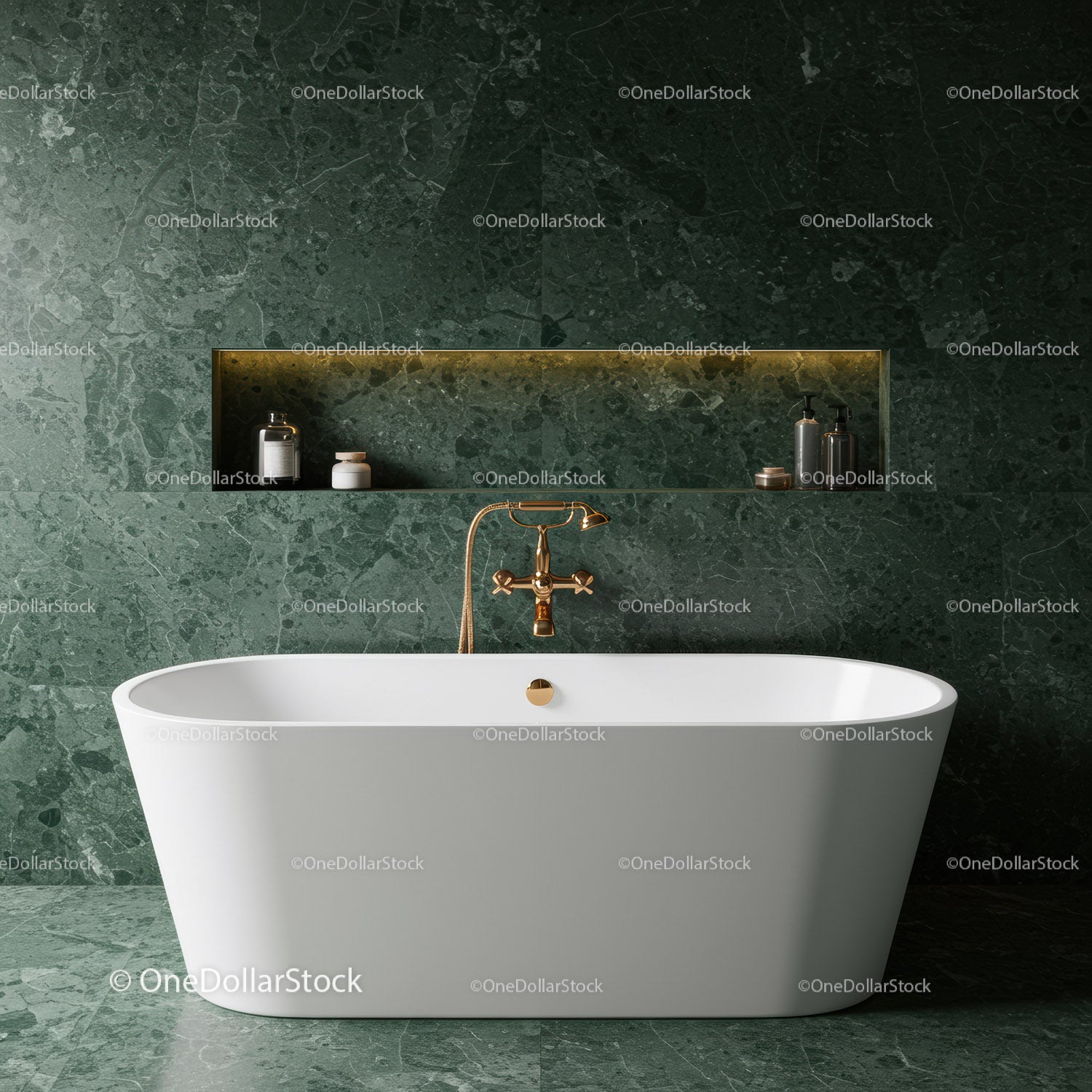 Luxurious Modern Bathtub with Green Marble Wall and Gold Fixtures