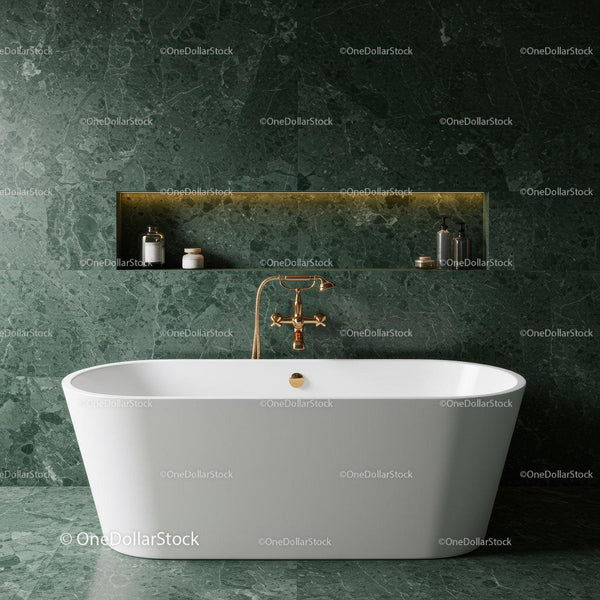 Luxurious Modern Bathtub with Green Marble Wall and Gold Fixtures