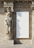 Classical female statue beside blank white banner on stone wall