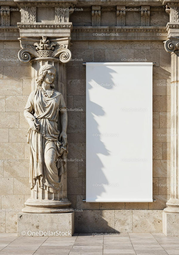 Classical female statue beside blank white banner on stone wall JPG Mockup Image