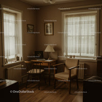 Vintage Home Office with Wooden Desk and Lace Curtains