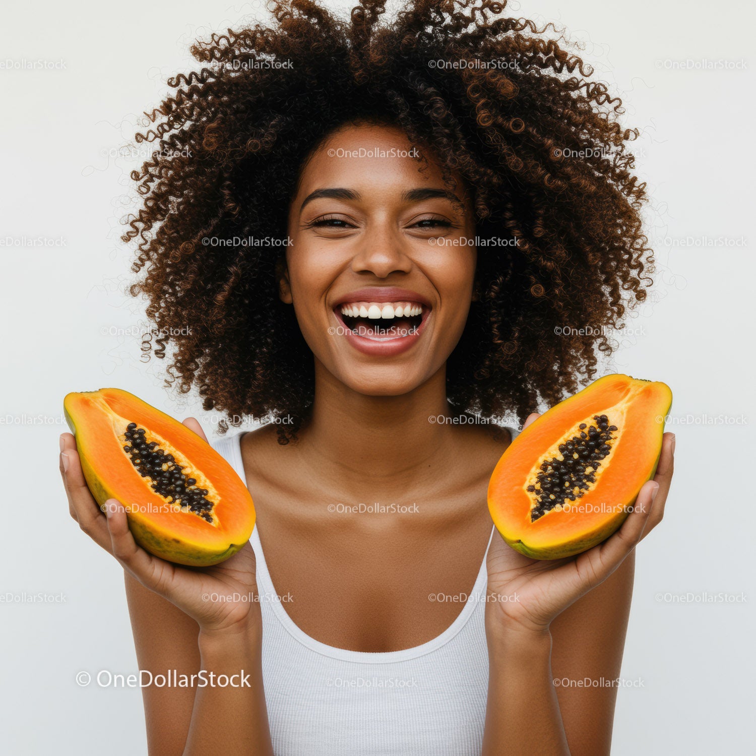 Vibrant Woman Holding Juicy Papaya Slices for Healthy Lifestyle