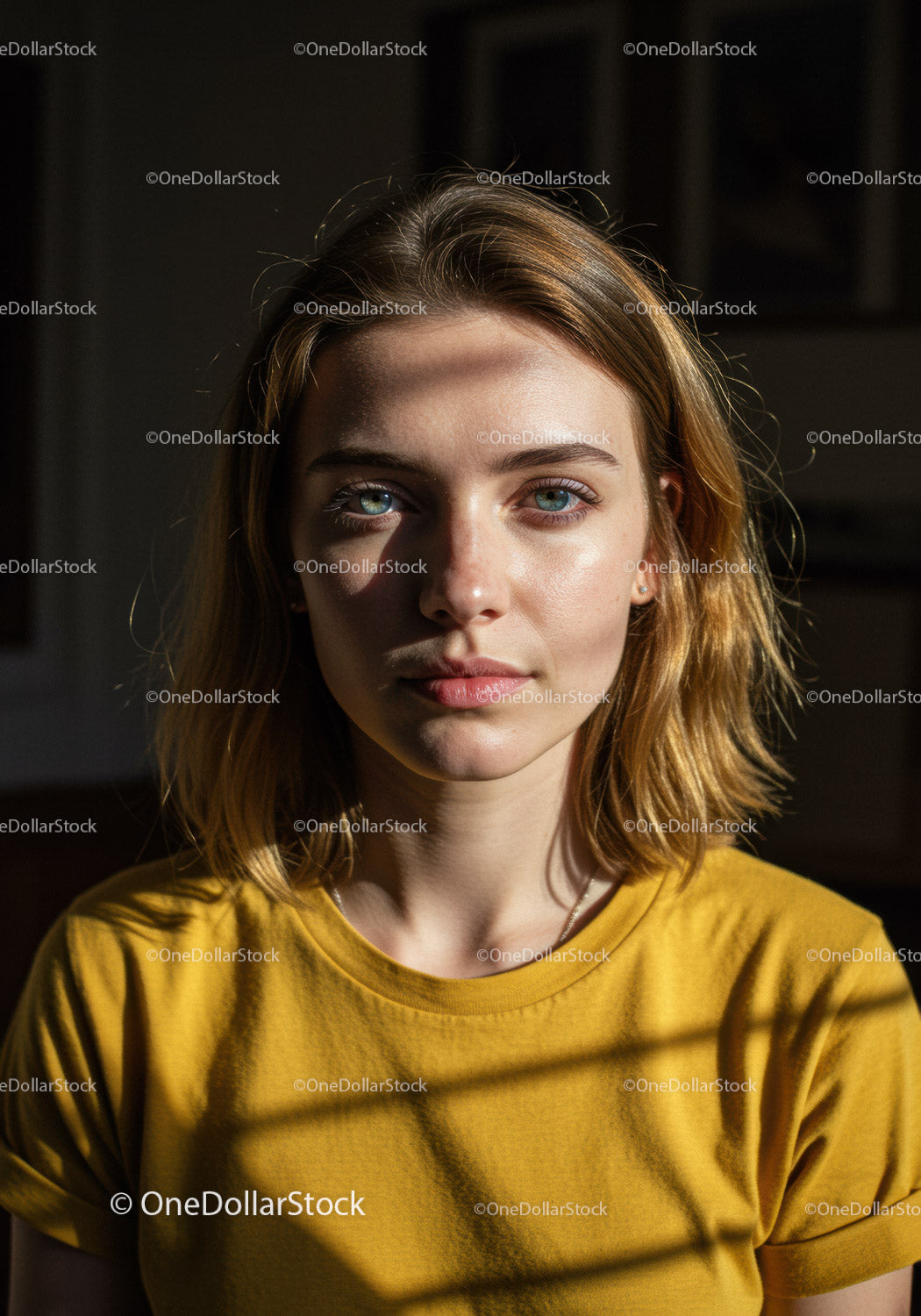 Portret młodej kobiety o niebieskich oczach i blond włosach w świetle naturalnym