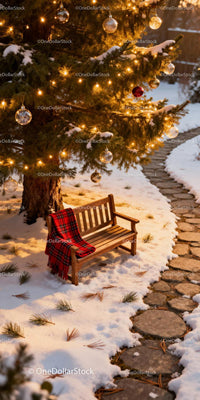 Cozy winter bench under decorated Christmas tree lights