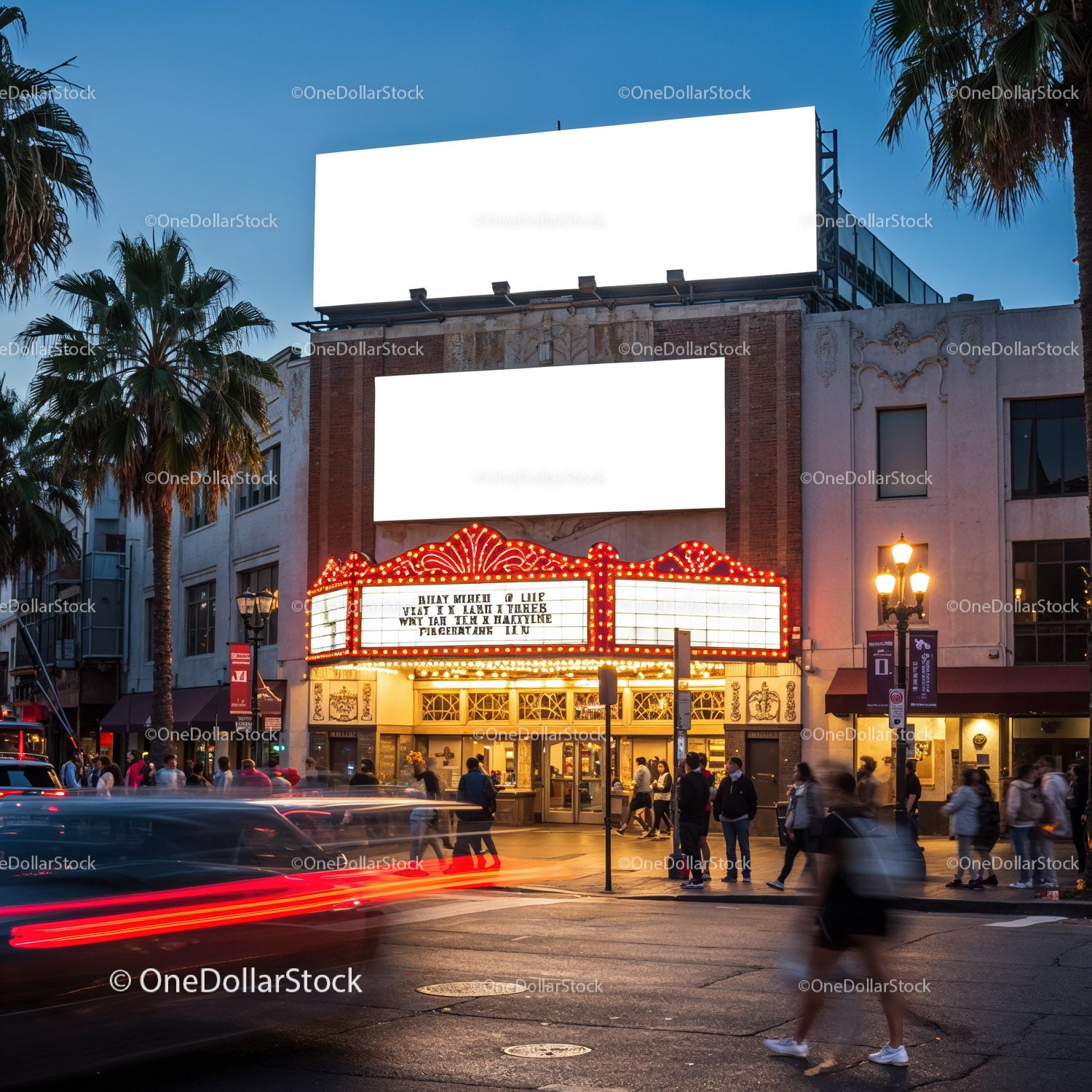 Evening Scene at Historic Urban Theater with Crowds